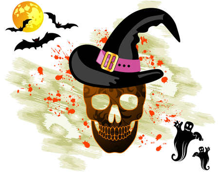 Halloween background with bats &amp, skull,  illustrationのイラスト素材