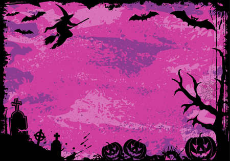 Grunge Halloween frame with bat, pumpkin, witch, element for design,  illustrationのイラスト素材