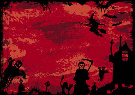 Grunge Halloween frame with bat, witch, ghost, element for design, illustrationのイラスト素材