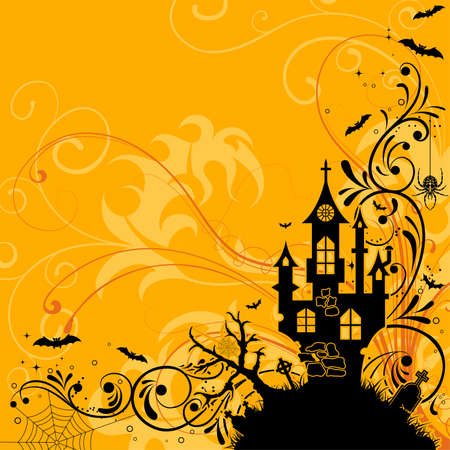Halloween background with bat and castle, element for design,  illustrationのイラスト素材