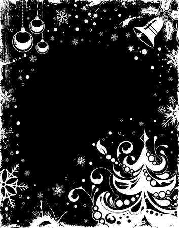 Grunge Christmas frame with tree, bell and decoration element,   illustrationのイラスト素材