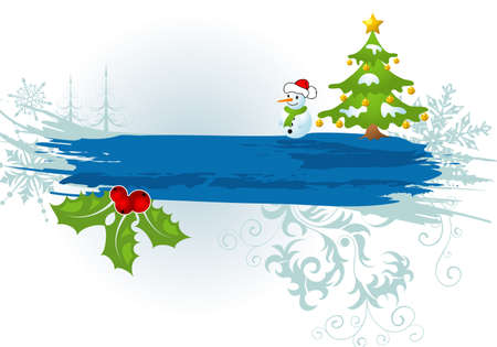 Christmas frame with trees, snowman &amp, mistletoe, element for design,   illustrationのイラスト素材