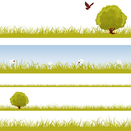 Collect nature seamless background with grass, bush and bird, element for design, vector illustrationのイラスト素材