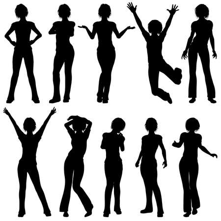 Silhouettes of girl in different poses on a white background, vector illustrationのイラスト素材