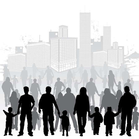 Big collect vector silhouettes of parents with children on grunge urban background, element for designのイラスト素材