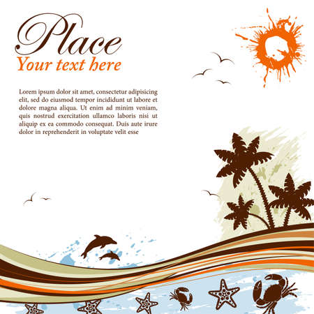 Grunge summer background with palm tree, dolphin, starfish, crab, wave pattern, vector illustrationのイラスト素材