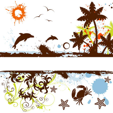 Grunge summer frame with palm tree, dolphin, starfish, crab, vector illustrationのイラスト素材