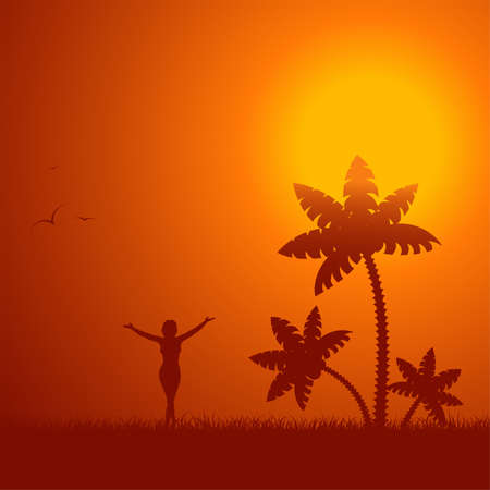 Summer background with palm tree and young girl, element for design, vector illustrationのイラスト素材
