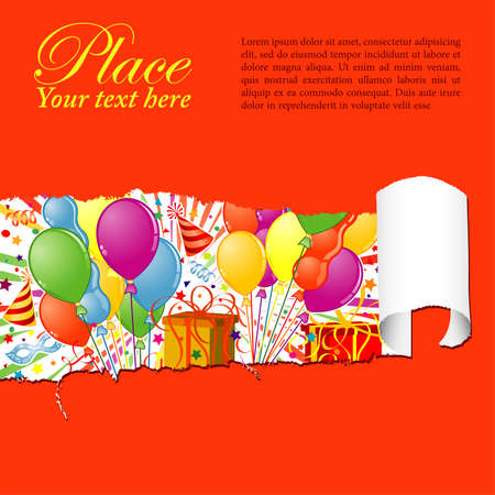 Party Frame with Balloon, streamer, carnival mask and hat through a hole in a paper, vector illustrationのイラスト素材