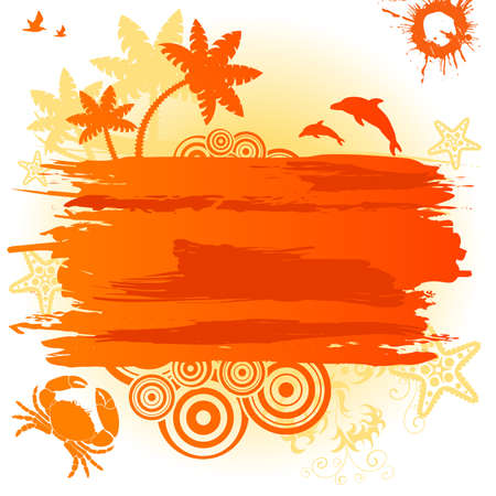 Summer banner with palm tree, dolphin, crab, starfish, vector illustrationのイラスト素材