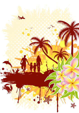 Summer frame with palm tree, dolphin, crab, family, vector illustrationのイラスト素材