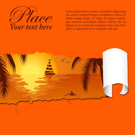 Summer background with palm tree, dolphin and yacht through a hole in a paper, vector illustrationのイラスト素材
