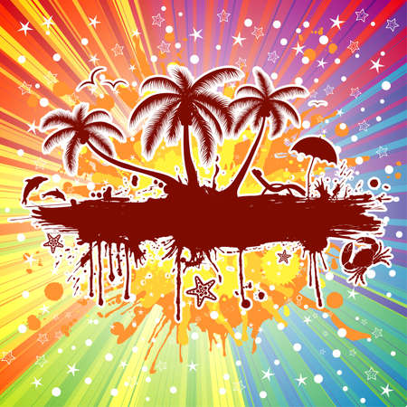 Summer frame with palm tree, dolphin, crab, on colorful background, vector illustrationのイラスト素材