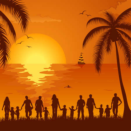 Summer background with silhouette family, palm tree, dolphin and yacht, element for design, vector illustrationのイラスト素材