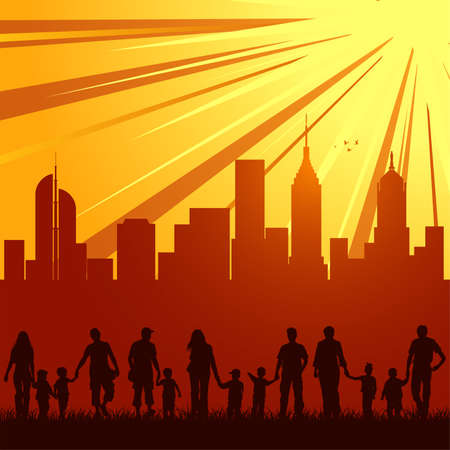 Big collect vector silhouettes of parents with children on urban background, element for designのイラスト素材