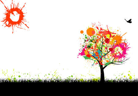 Grunge Nature Background with Grass, stylized Tree and Bird, element for designのイラスト素材