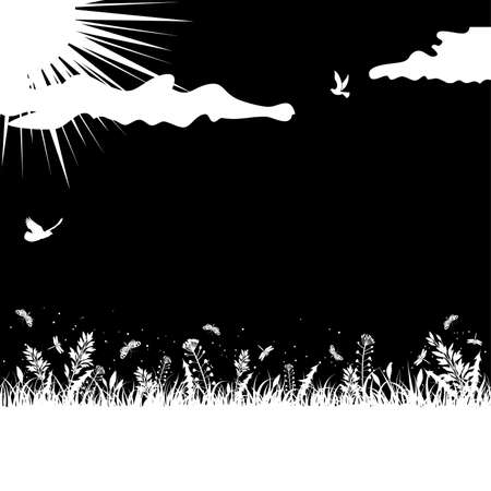 Nature background with grass, flower and butterfly, isolated on blackのイラスト素材