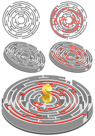 Set of circular Labyrinth with the solution, all the elements on different layersのイラスト素材
