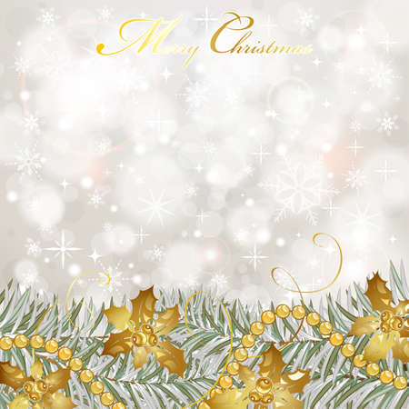 Christmas Background with snowflakes, fir branches, mistletoe element for design, vector illustrationのイラスト素材