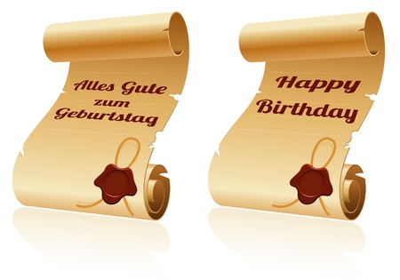 Old Scroll Paper with Sealing Wax and Happy Birthday, template for designのイラスト素材