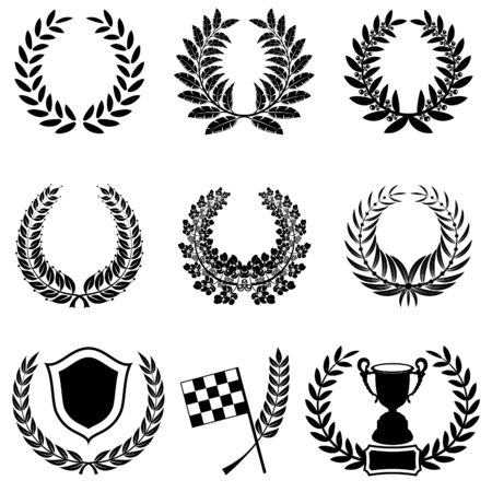 Set of Laurel Wreaths with Cup, Checkered Flag and Shield, isolated on whiteのイラスト素材