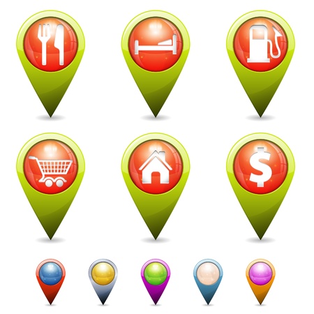 Set 3D Map Pointers with Icons - home, restaurant, hotel, gas station, basket store, isolated. Easily Change the Colorのイラスト素材