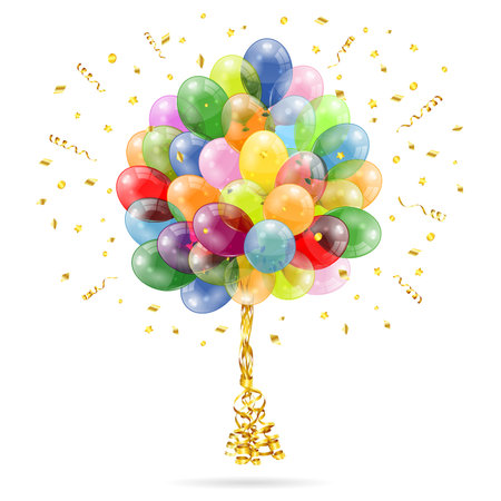 3D Transparent Birthday Balloons with Streamer and Confetti, isolated on white, easy change colorのイラスト素材