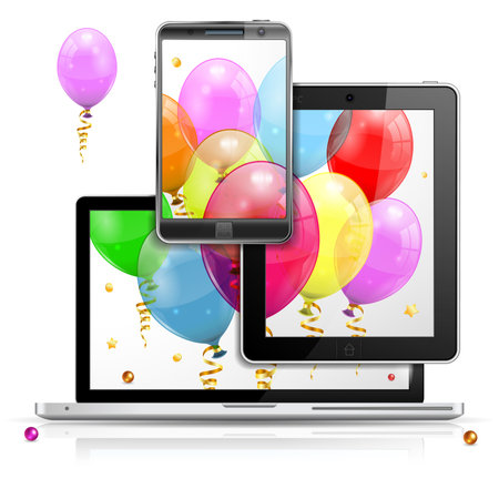 Birthday Balloons on Laptop Screen, Tablet PC and Smartphone, isolated on white background, vector illustrationのイラスト素材