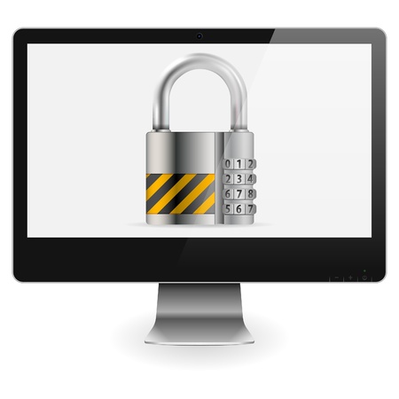 Business concept - Code Padlock protects Computer Monitor, isolated on white background のイラスト素材