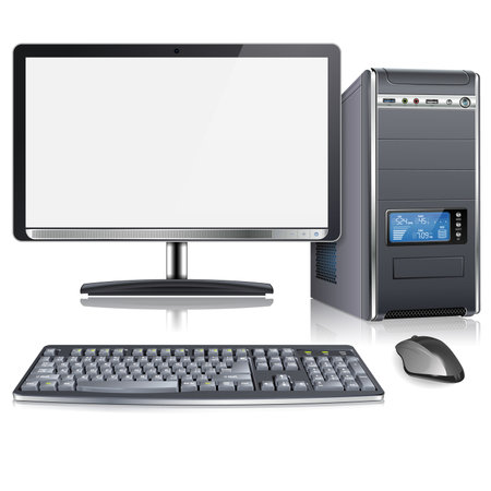 Realistic 3D Computer Case with Monitor, Keyboard and Mouse, isolated on white background, vector illustration