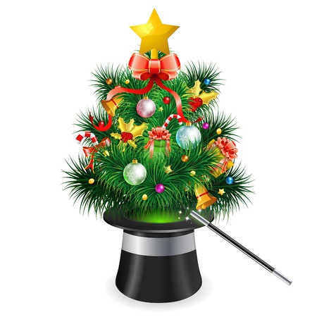 Magician Hat with Christmas Tree, icon isolated on white background,  illustrationのイラスト素材