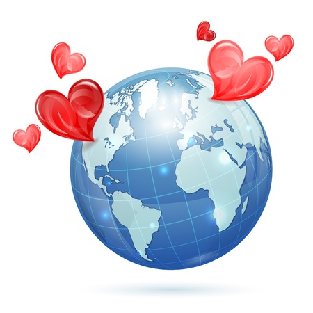 Global Valentines Day Concept - Earth with Hearts, isolated on white background, vector illustrationのイラスト素材