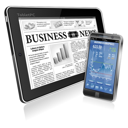 Financial Concept with Business Newspaper on screen Tablet PC and Smartphone with Stock Market Application, vector isolated on white backgroundのイラスト素材