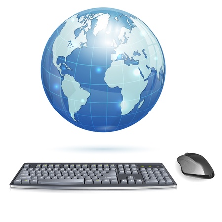 Computer Concept - Realistic 3D Keyboard and Mouse with Earth, isolated on white background, illustrationのイラスト素材