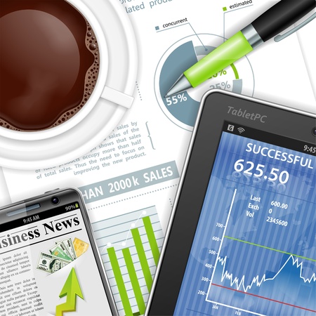 Business and Corporate Work Concept with Tablet PC, Report, Pen and Coffee Cup, vectorのイラスト素材