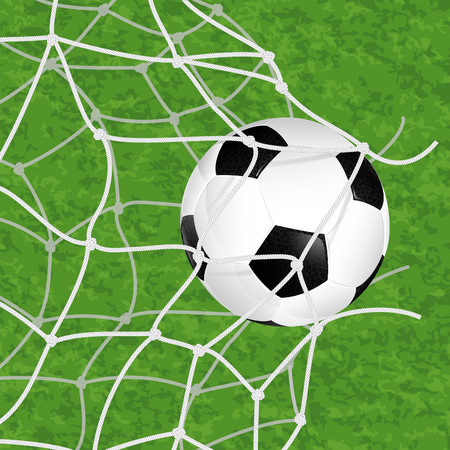 Soccer Concept - Goal. Soccer Ball in Net Torn on textured grass background, vector illustrationのイラスト素材