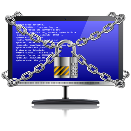Business concept - Code Padlock with chain protects Computer with warning sign on the monitor screen, isolated on white background, vector illustrationのイラスト素材