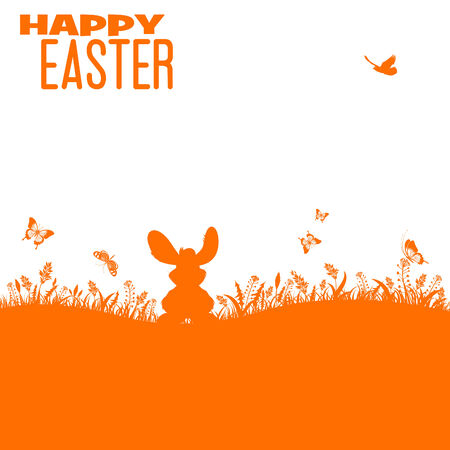 Easter Silhouette with bunny, grass, flower and butterfly, vector isolated on white backgroundのイラスト素材