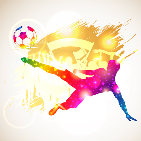 Bright Rainbow Silhouette Soccer Player and Fans on grunge background, vector illustrationのイラスト素材