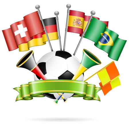 Soccer Poster with Soccer Ball, Flags, vuvuzela and ribbon, vector isolated on white backgroundのイラスト素材