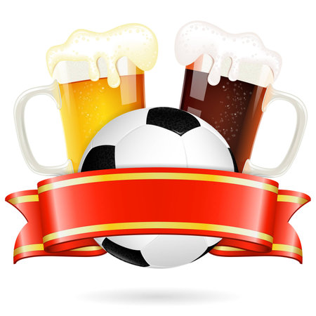 Soccer Poster with Ball, Glasses of Beer and Ribbon, vector isolated on whiteのイラスト素材