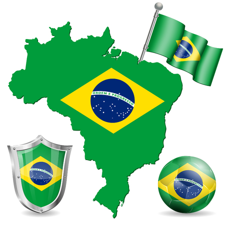 Flag, Coat of Arms, Soccer Ball and Map of Brazil のイラスト素材
