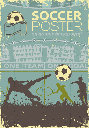Soccer Poster with Players and Fans in retro colors on grunge background, vector illustrationのイラスト素材