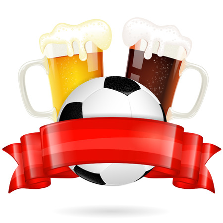Soccer Poster with Ball, Glasses of Beer and Red Ribbon, vector isolated on whiteのイラスト素材