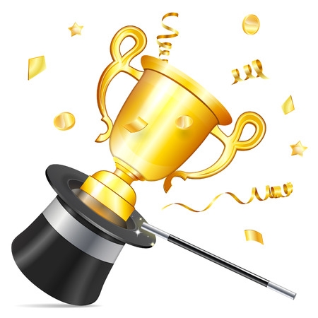 Victory Concept - Magician Hat with Gold Trophy, Confetti and Magic Wand, vector isolated on white backgroundのイラスト素材