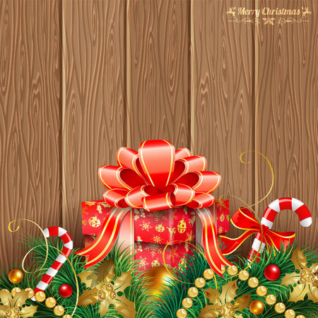 Christmas Theme with Wooden Boards, Gift, Fir Branches, Gold Streamer and Candy, vector background.のイラスト素材