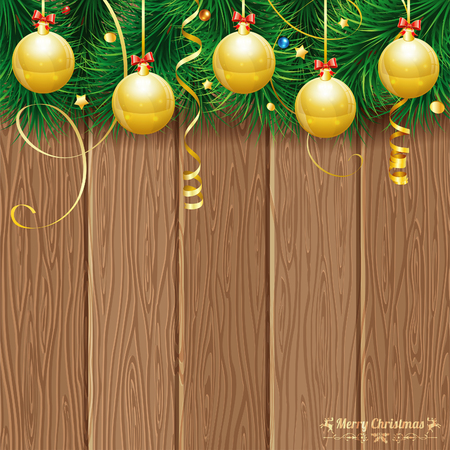Christmas Theme with Wooden Boards, Baubles, Fir Branches, Retro Label and Gold Streamer, vector background.のイラスト素材