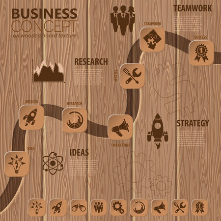 Business Timeline Infographic with Buttons, Icons and Steps on Wooden Board Textureのイラスト素材