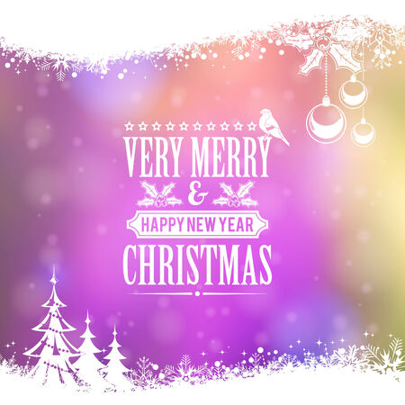 Christmas Frame with Retro Label, Tree, Bullfinch, Bauble and Snowflake on Blurred Bokeh Background. Vector Template for Flyers and Brochure.のイラスト素材