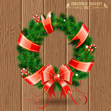 Decorative Christmas Wreath with Ribbon, Candy and Decoration element on Wooden Boards background, vector illustration.のイラスト素材